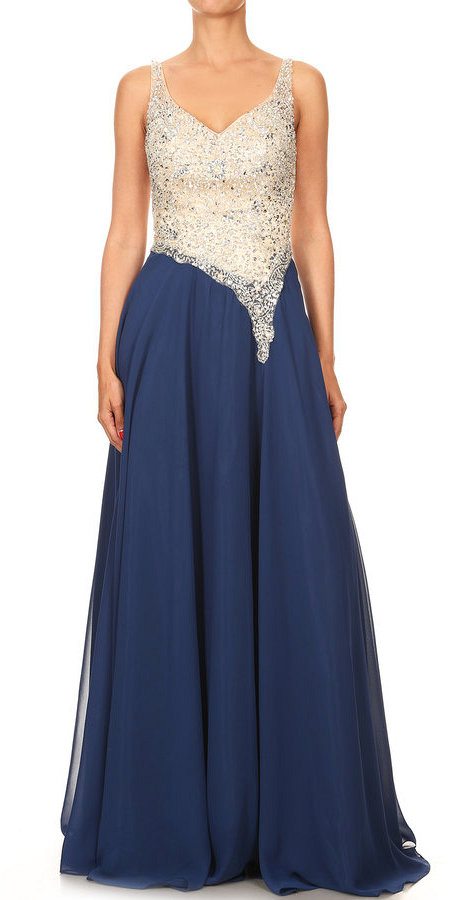 V-Neck Embellished Long Prom Dress Navy Blue