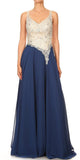 V-Neck Embellished Long Prom Dress Navy Blue