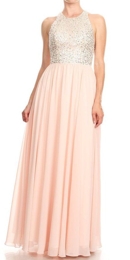 Blush Halter Long Prom Dress with Racer Back