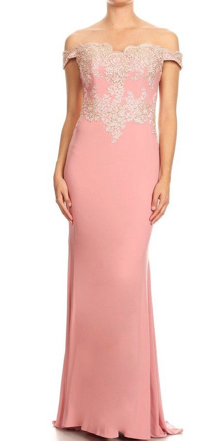 Off-Shoulder Appliqued Long Formal Dress Dusty Rose