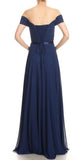 Navy Blue Off-Shoulder Long Formal Dress Lace-Up Back