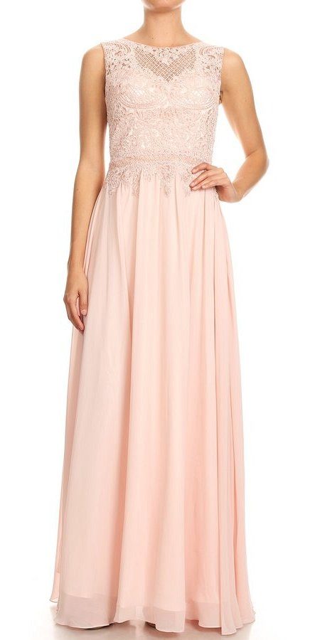 Blush Appliqued Bodice Long Formal Dress Sleeveless