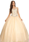 Champagne Round Neck Jeweled Bodice Lace Up Back Mesh Quinceanera Dress