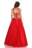 Red Quinceanera Dress with Golden Applique Cut-Out Back Sleeveless