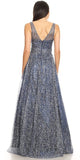 V-Neck and Back Glittered Long Prom Dress Navy Blue