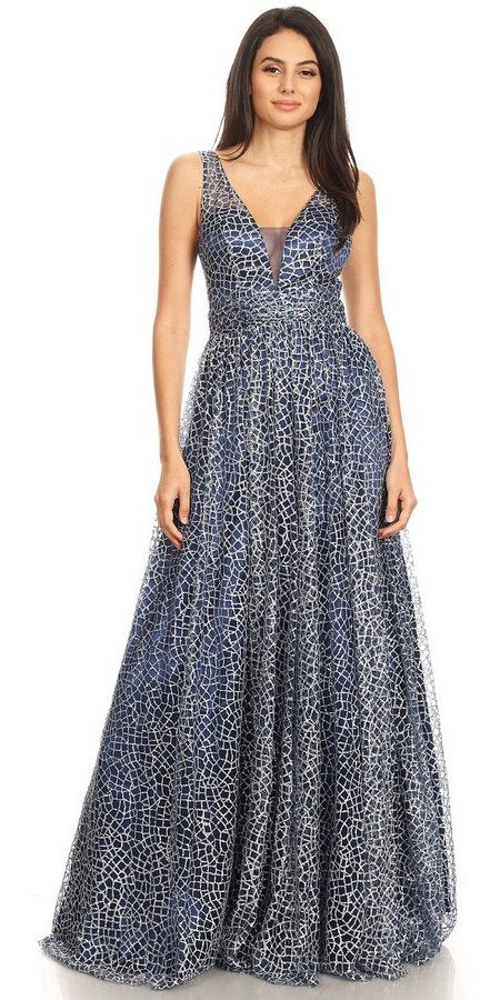 V-Neck and Back Glittered Long Prom Dress Navy Blue