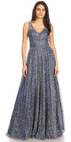 V-Neck and Back Glittered Long Prom Dress Navy Blue