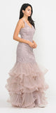 Tiered Mauve Appliqued Long Prom Dress