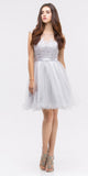 Silver Cap Sleeve Lace Applique Bodice Homecoming Dress Short