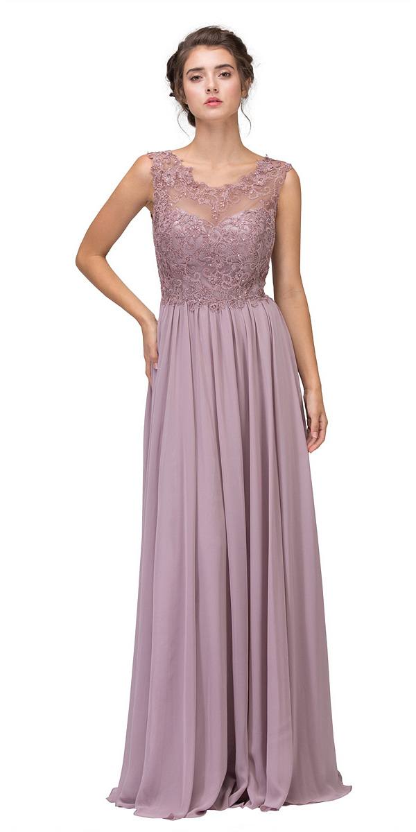 Mocha Floor Length Formal Dress Lace Illusion Bodice