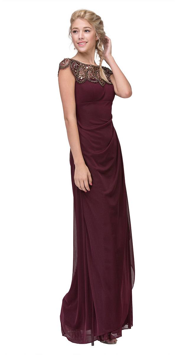 Beaded Long Formal Dress Ruched Back Burgundy