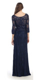 Navy Blue Lace Beaded Long Formal Dress with Three Quarter Sleeves