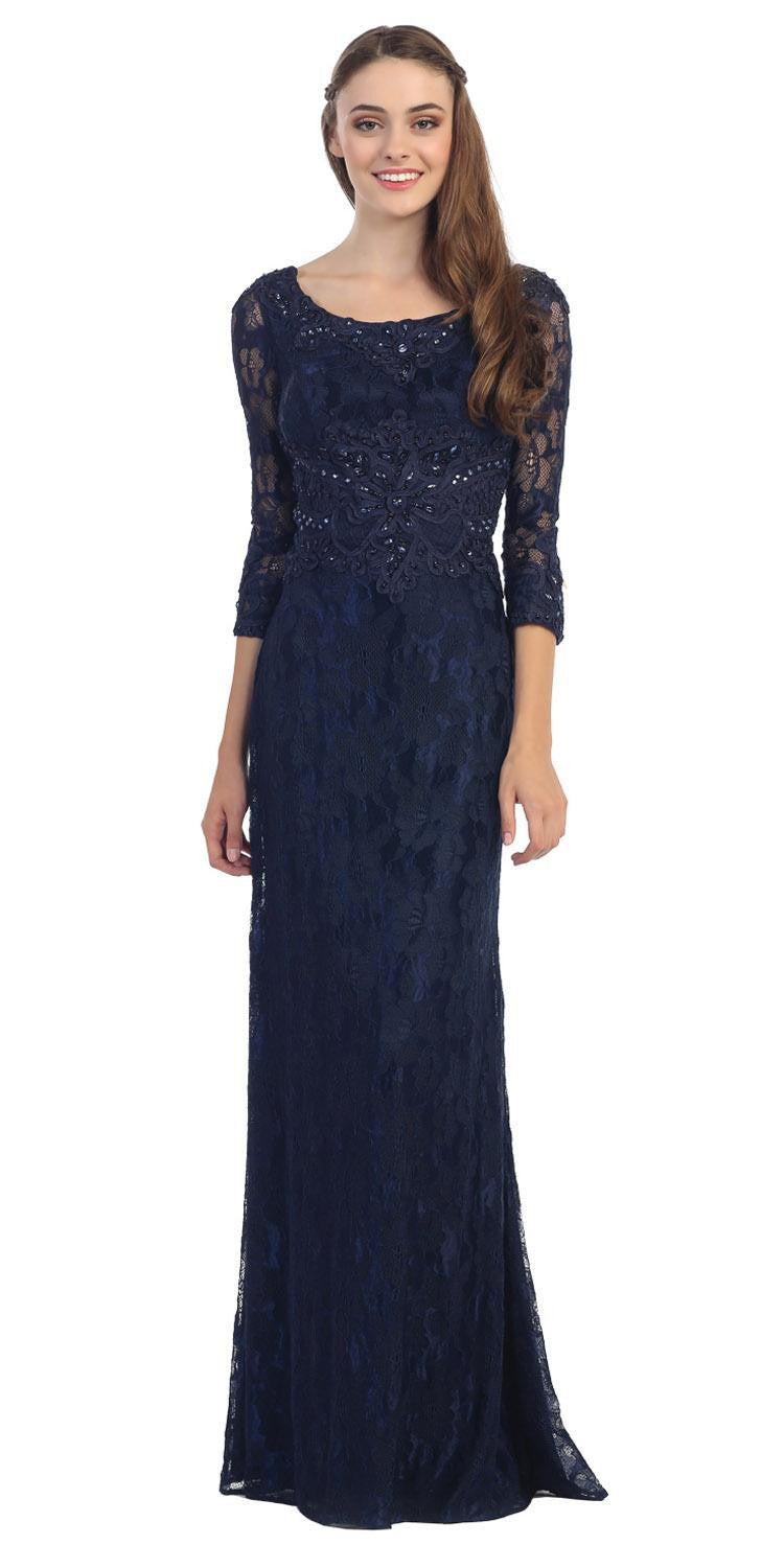 Navy Blue Lace Beaded Long Formal Dress with Three Quarter Sleeves