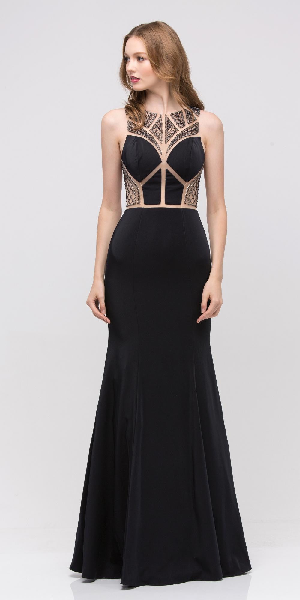 Embellished Cut Out Bodice Fit and Flare Long Prom Dress Black