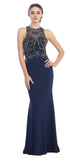 Grecian Inspired Gown Navy Blue Floor Length Illusion Neck Beads