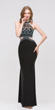 Long High-Neck Beaded Halter Prom Dress Cut-Out Waist Black
