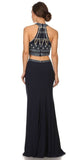 Long High-Neck Beaded Halter Prom Dress Cut-Out Waist Navy Blue