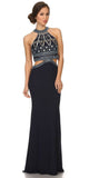 Long High-Neck Beaded Halter Prom Dress Cut-Out Waist Navy Blue