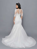 DeKlaire Bridal 418 Mid Length Sleeve V-Neckline Mermaid Court Train Wedding Dress Beaded Lace Applique