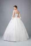 Ivory/Gold Appliqued Long Quinceanera Dress with Bell Sleeves