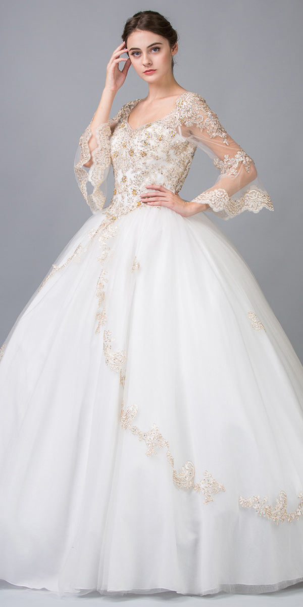 Ivory/Gold Appliqued Long Quinceanera Dress with Bell Sleeves