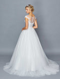 DeKlaire Bridal 425 Illusion Boat Neckline Cap Sleeve A-Line Court Train Wedding Dress Lace Sequins Applique.