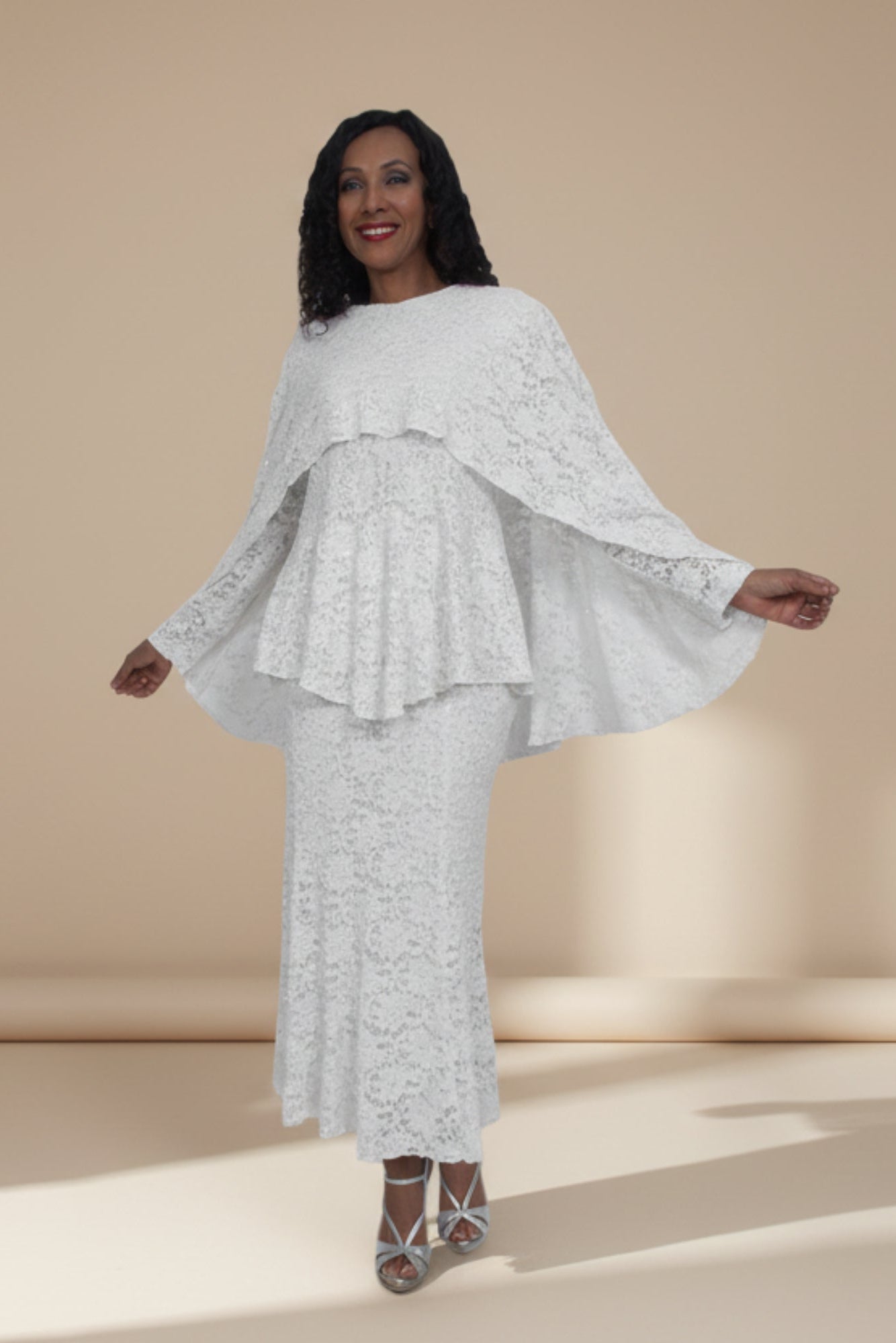 Hosanna 5009 Plus Size 3 Piece Set White Tea Length Dress Lace