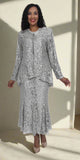 Hosanna 5015 Plus Size 3 Piece Set Silver Tea Length Dress Lace