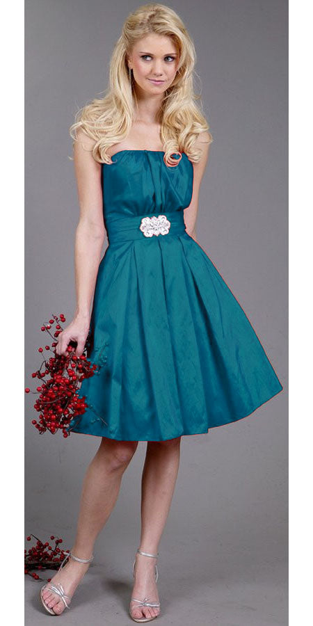 Red Bridesmaid Dress Strapless Taffeta Knee Length Jewel Waist