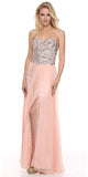 Beaded Bodice Long Strapless Thigh Slit Peach Formal Gown