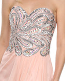 Beaded Bodice Long Strapless Thigh Slit Peach Formal Gown