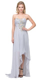 High Low Strapless A Line Ruched Bodice Silver Prom Dress