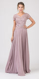 Lace Bodice A-Line Long Formal Dress Short Sleeves Mocha