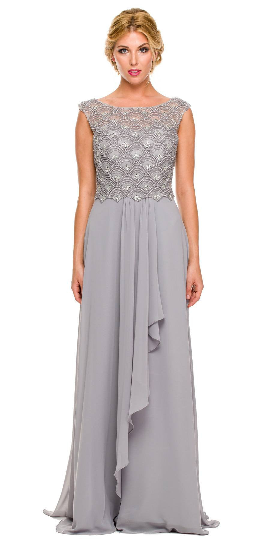 Floor Length Silver Chiffon Formal Gown Cap Sleeve Bateau Neck