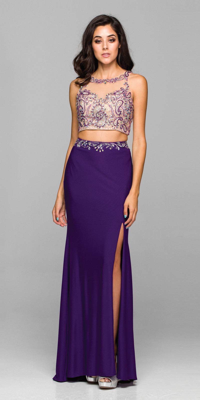 Sexy Front Slit 2 Piece Formal Dress Purple Beads Illusion Neck