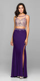Sexy Front Slit 2 Piece Formal Dress Purple Beads Illusion Neck