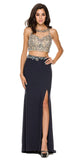 Sexy Front Slit 2 Piece Formal Dress Charcoal Beads Illusion Neck