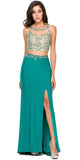 Sexy Front Slit 2 Piece Formal Dress Teal Beads Illusion Neck