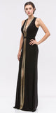 Black/Gold Plunging Neck Sleeveless Fit and Flare Evening Gown