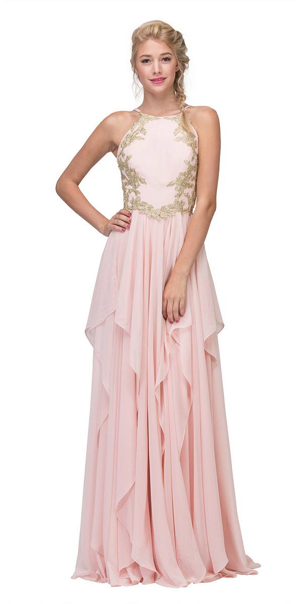 A-line Tiered Long Prom Dress Appliqued Bodice Blush
