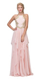 A-line Tiered Long Prom Dress Appliqued Bodice Blush