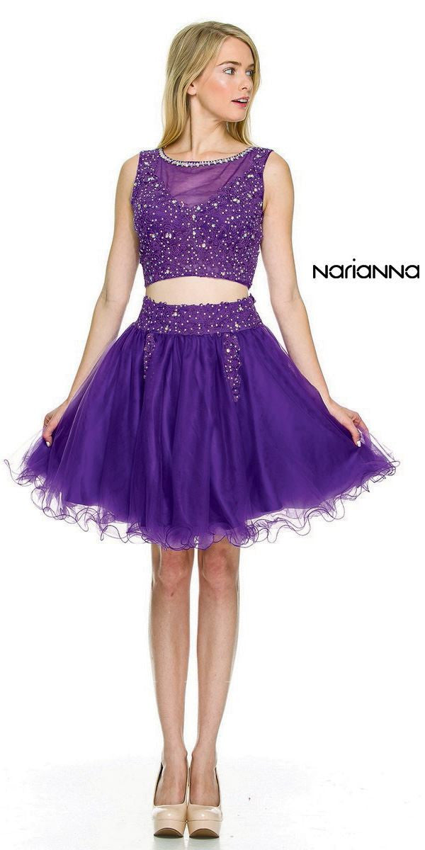 Purple Lace Applique Bodice Two-Piece Homecoming Short Dress