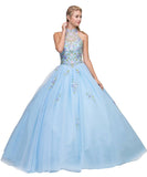 High Neck Embroidered Quinceanera Dress Bahama Blue