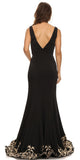 Long Evening Formal Gown Black Stretch Satin V Neckline Embroidered Hem