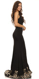Long Evening Formal Gown Black Stretch Satin V Neckline Embroidered Hem