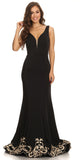 Long Evening Formal Gown Black Stretch Satin V Neckline Embroidered Hem