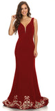 Long Evening Formal Gown Burgundy Stretch Satin V Neckline Embroidered Hem