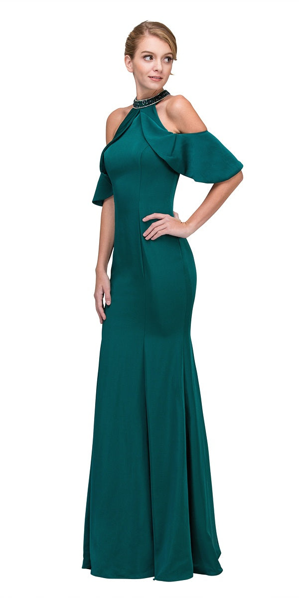 Cold Shoulder High Neckline Mermaid Prom Gown Hunter Green