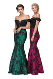 Off-the-Shoulder Floral Printed Prom Gown Black/Hunter Green