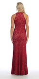 Halter Jeweled Neck and Waist Fit and Flare Lace Prom Gown Wine